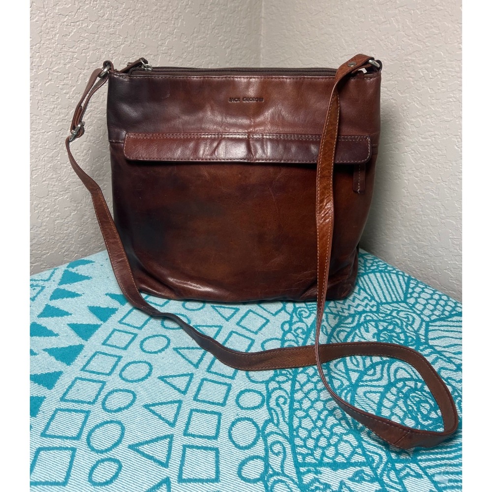 Jack Georges Brown Leather Crossbody Bag Hand Stained Buffalo Zip Top Messenger